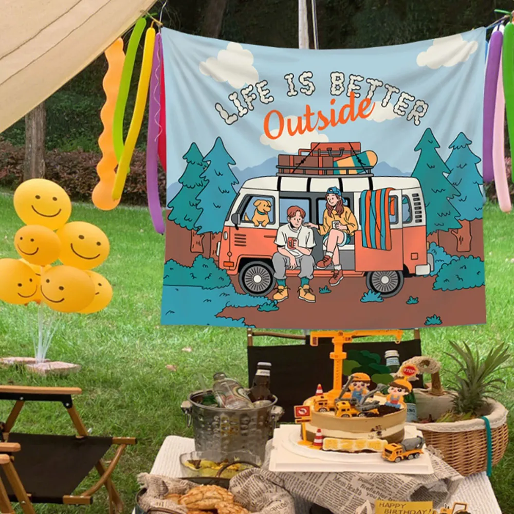 Outdoor Adventure Background - Retro camperwagen wandkleed, wanddecoratie voor buitenavonturen