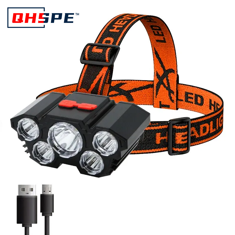 Headlamp Waterproof Rechargeable - Oplaadbare 5 LED-koplamp Sterk licht Ingebouwde